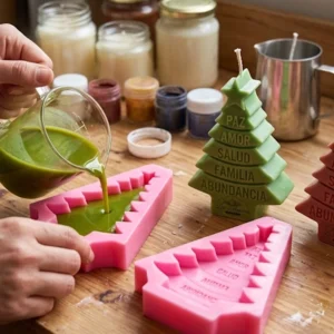 Vela artesanal arbolito navidad deseos grabados fe paz amor desmoldada Colombia